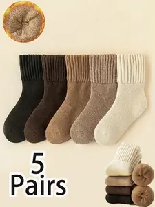 5 Pairs Fleece Lined Socks, Warm Winter Thick Fitted Crew Socks for Men & Women, Soft & Cozy Footwear for Cold Weather