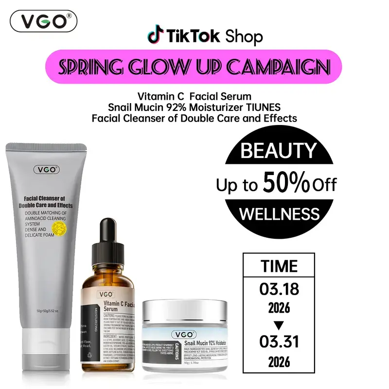 VGO Snail Mucin 92% Moisturizer 50g + Double-Tube Dual-Effect Facial Cleanser 100g + Vitamin C Facial Serum 30ml – Cleanse · Hydrate · Brighten Trio – Repairs Dryness, Brightens Skin, Strengthens Barrier