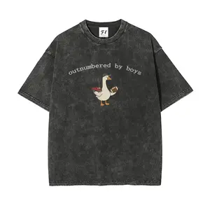 outnumbered by boys Vintage Embroidery Cartoon Illustration Style Unisex Plus Size Summer Graphic Tees Personalized Pattern Y2k Clothing Round Neck Short-Sleeved Washed T-Shirt,Women's Clothing 100% Cotton, Menswear, Top, Vintage Style, Casual Oversizedd