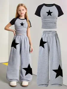 Girls' Fashion Millennial Star Print Two-Piece Set, Shoulder Puff Short Sleeve Top with High-Waisted Wide Leg Pants, Casual Street Style
