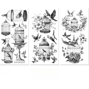 Rub on Transfer Decal Sticker for Furniture Craft Decoration 6"x12" Vintage Black and White Birdcage, 3Pcs Waterproof UV DTF Transfer for Drawer Dresser Glass Porcelain Plastic Window