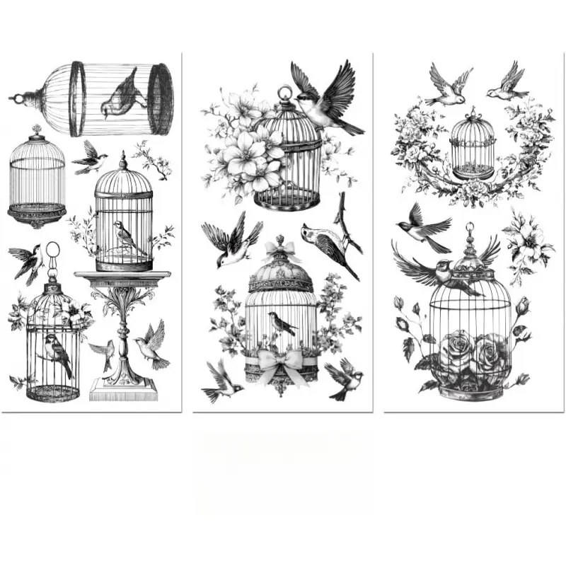 Rub on Transfer Decal Sticker for Furniture Craft Decoration 6"x12" Vintage Black and White Birdcage, 3Pcs Waterproof UV DTF Transfer for Drawer Dresser Glass Porcelain Plastic Window