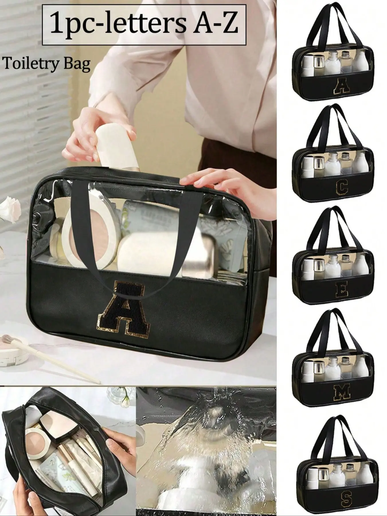 Square solid-color PU and PVC leather fabric, featuring black towel embroidery letters A-Z, waterproof top zipper design with a handle, women's makeup bag, student toiletry bag, dormitory cosmetics organizer, Travel Cosmetic Bag, Makeup Storage Bag