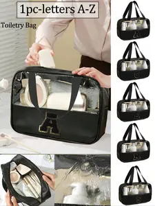 Square solid-color PU and PVC leather fabric, featuring black towel embroidery letters A-Z, waterproof top zipper design with a handle, women's makeup bag, student toiletry bag, dormitory cosmetics organizer, Travel Cosmetic Bag, Makeup Storage Bag