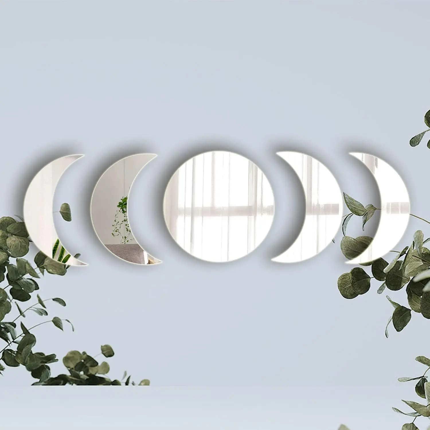 5-Piece Assorted Shapes Smooth Acrylic Mirror Wall Stickers, Non-Toxic Self-Adhesive Moon Phase Decoration for Switching Up Paint & Woody Home Decor in Living Room, Bedroom, Switch, Free Stickers