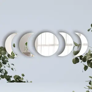 5 Pieces Acrylic Moon Phase Wall Stickers Natural Decor Self Adhesive Mirrors for Home Living Room Bathroom Bedroom Decor Bohemian Farmhouse Style Non Toxic Gift