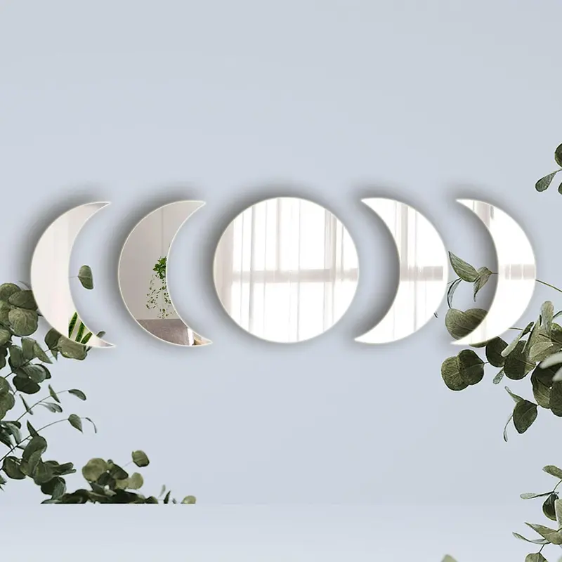 5-Piece Smooth Assorted Shapes Acrylic Panel Tile Stickers - Non-Toxic Self-Adhesive Light Moon Phase Decoration, Farmhouse Paint Accent, Adhesive Mirror Wall Stickers for Living Room,Bathroom, Christmas/Anniversary Gift for Home Decor Enthusiasts
