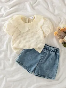 Baby Girls' 2-Piece Set, Ruffle Collar Bubble Sleeve Top & Denim Shorts, Casual for Daily Wear & Vacation Travel, Baby Clothing