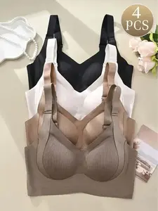 [Clearance Sale]4 Pack Women's Solid Four-breasted Adjustable Wireless Bra,Soft Comfortable Breathable Ribbed Slight Push Up Seamless Bra,Women's Lingerie for All Seasons,Supportive Bra Underwear Sets Minimalist