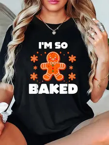 100% Cotton Unisex Funny Baked Gingerbread Man Costume Christmas Cookie T-Shirt，Autumn Women's T-shirt Christmas Happy Letter Snowflake Fun Pattern