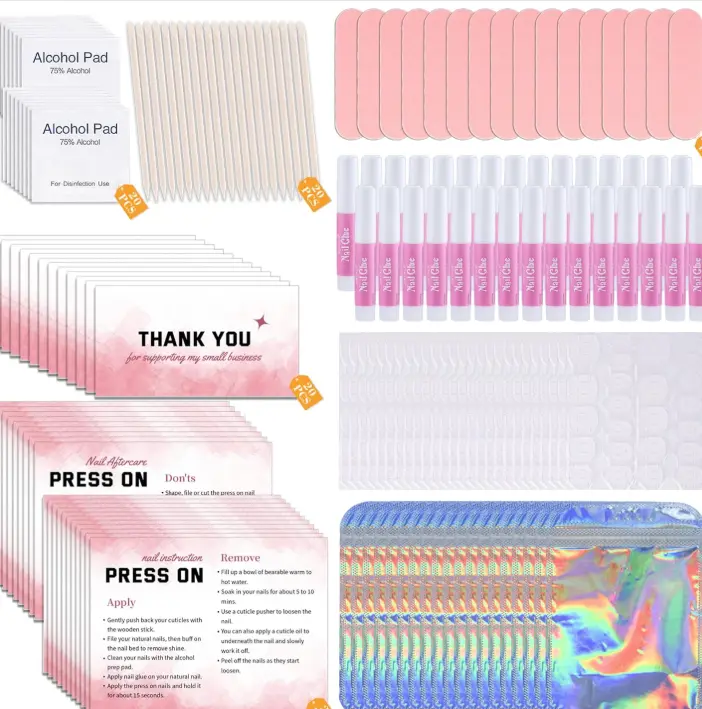 Press On Nail Tool Kit for Nail Business, Nail Prep Application Disposable Kit with Nail File, Nail Glue, Prep Pads, Instruction Card, Adhesive Nail Tabs, Wood Stick, Holographic Bag (20pcs in Pink)