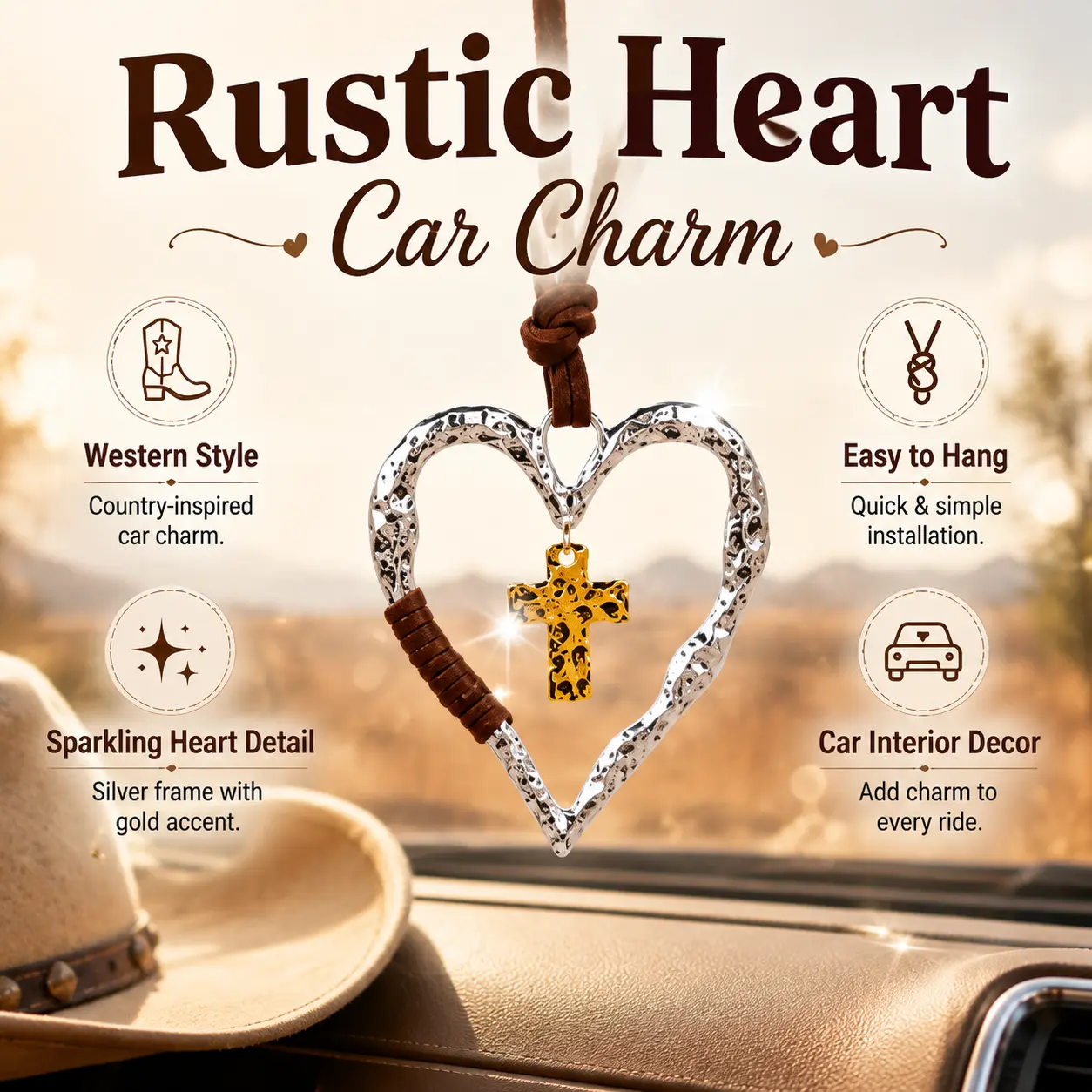 Western Heart Cross Car Charm, Rustic Rearview Mirror Hanging Ornament for Car Interior Decor
