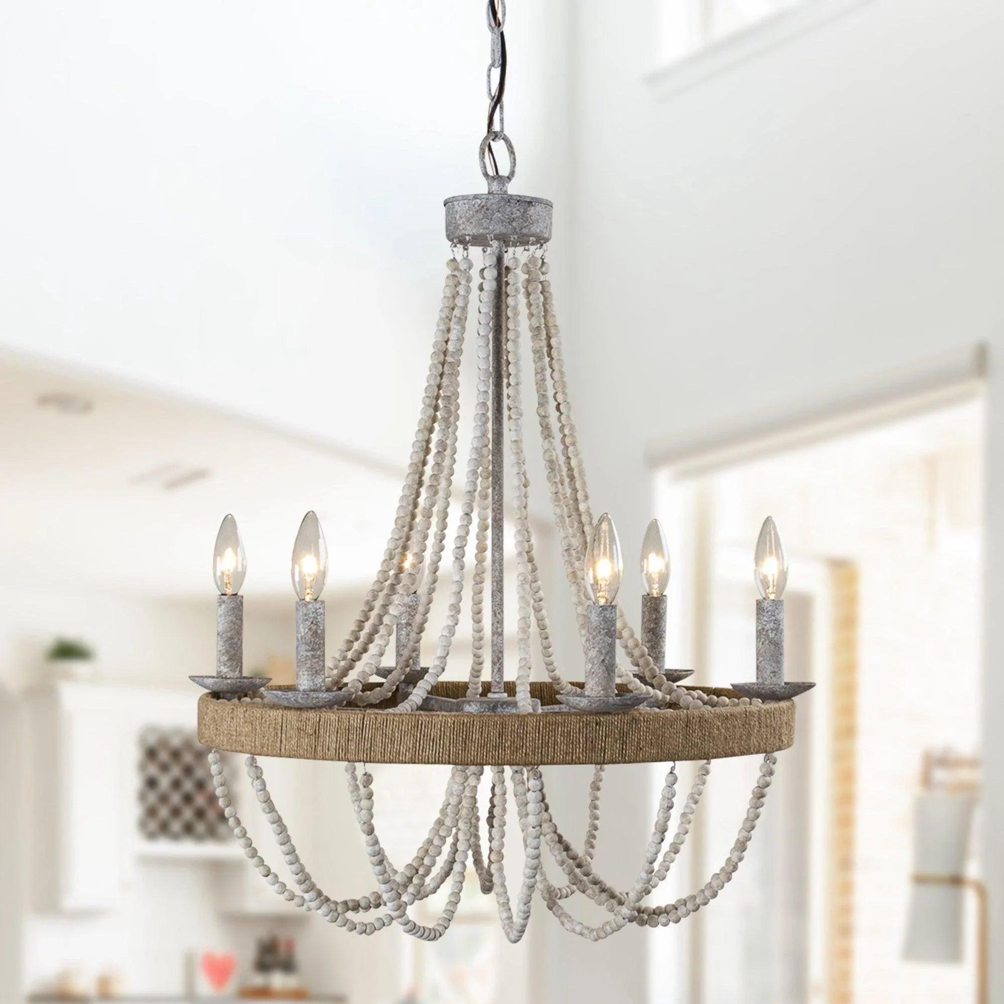 Chokio 6-Light Wood Bead Chandelier Handmade Farmhouse Pendant for Dining Room Living Room