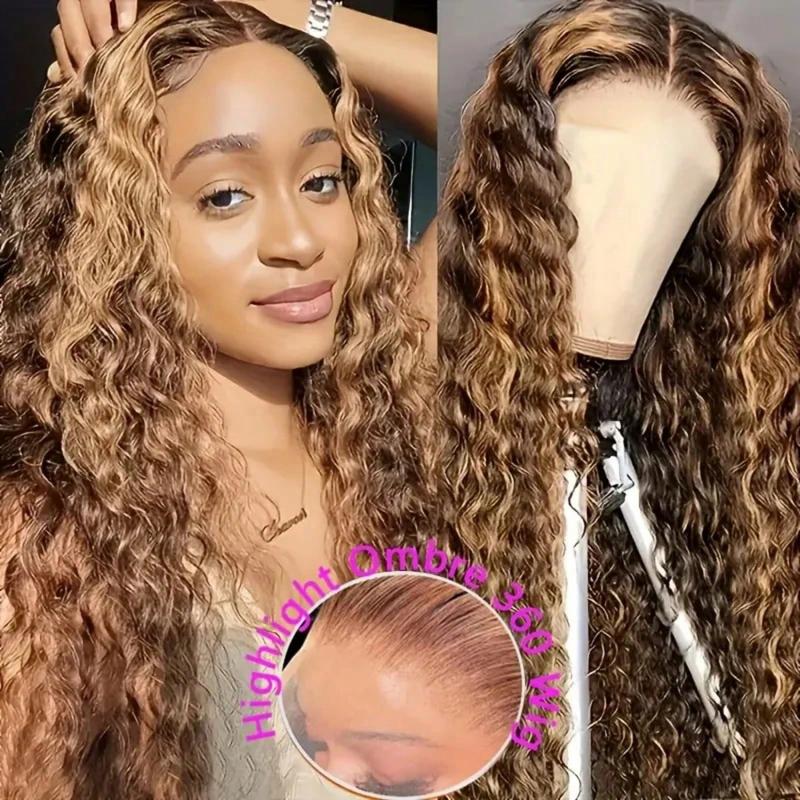 30 36 Inch Highlight 360 Deep Wave Wig Hidden Invisible Strap 360 Full Lace Front Wigs Human Hair 180% Density Ombre Honey Blonde Drawstring Wig Human Hair For Women Pre Plucked Colored 4/27 Glueless Curly Wig Human Hair