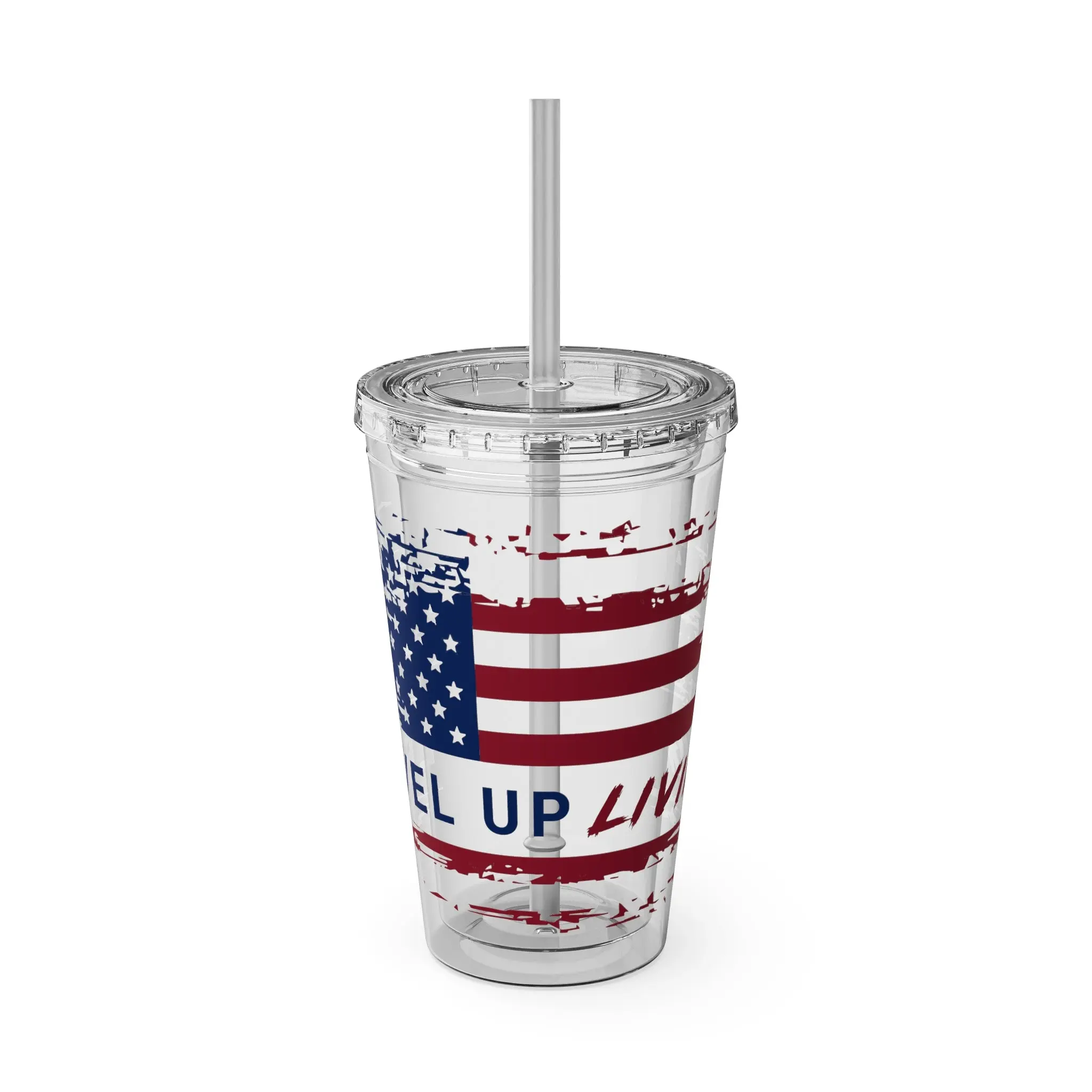 16oz Tumbler with Straw — Distressed American Flag “Level Up / Live Free” Design