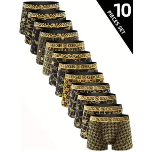 10pcs Men'S High Stretch Breathable Boxer Briefs, Polyester Spandex Shortie Panty with Print Pattern for Casual Wear  Delicacy Fabric Menswear