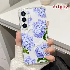 Lavender Hydrangea Grace Pattern Magnetic Phone Case for  Samsung GalaxyS26  S23 Ultra S24 Plus FE S25 S22+ Non-Yellowing Clear Crystal Drop-proof Slim Silicone Shockproof Transparent Acrylic Large Hole Cover Supports Wireless Charging