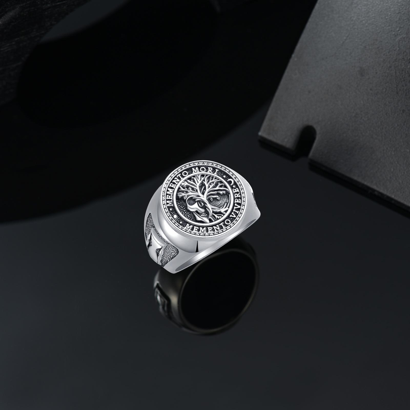MEIDERBO Jewelry Memento Mori Ring for Men 925 Sterling Silver Tree of Life Ring Gothic Skull Memento Vivere Ring Amulet Jewelry Gifts