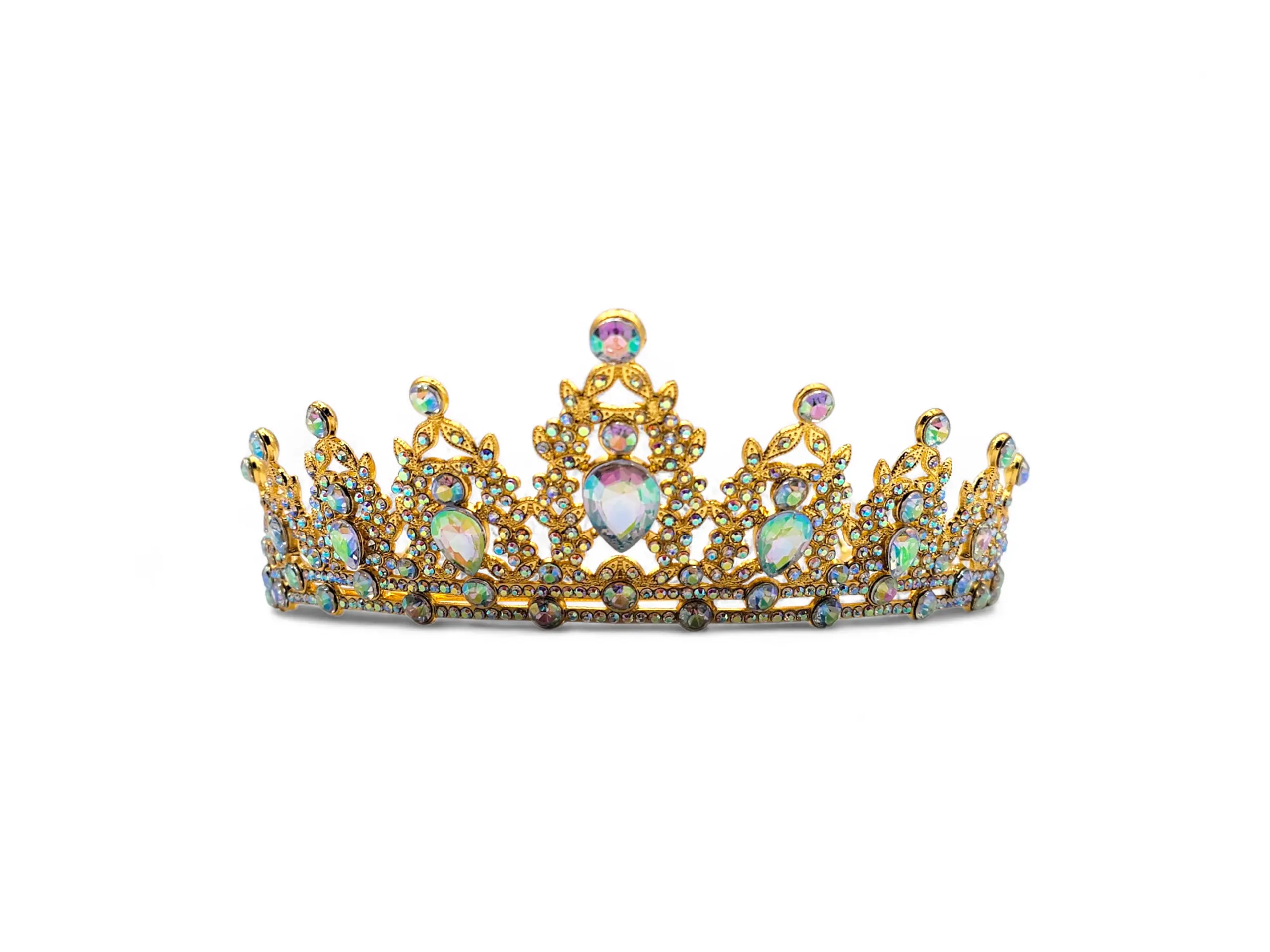Royal Crystal Rhinestone Crown Tiara Gold Alloy Metal with Iridescent Stones for Weddings Birthdays Pageants and Special Events