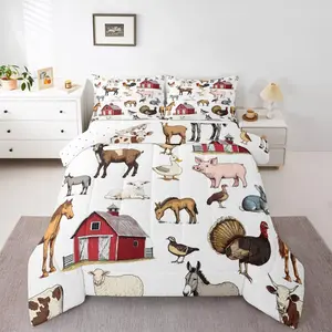 Farm Animals Duvet Insert,Rustic Farmhouse Comforter Set for Kids Child,Horse Chicken Cock Rooster Bull Cattle Cow Bedding Set,Country Style Quilt
