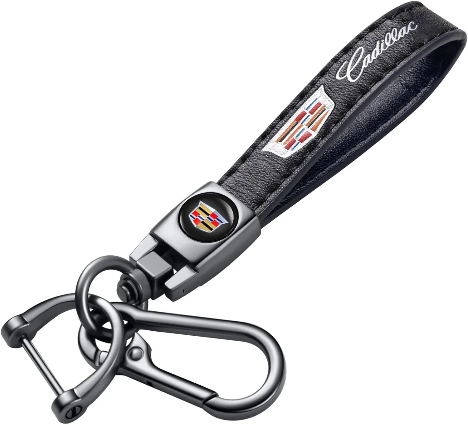 Genuine Leather Car Keychain for Cadillac, 360° Swivel Key Holder with Detachable Clip and D-Ring, Keyring Lanyard Accessory, Gift for Men and Women