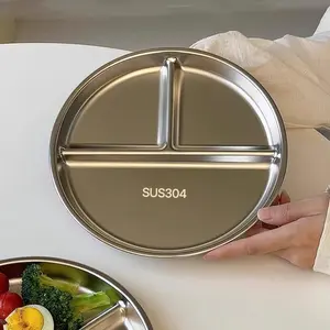 【4 Pack】304 Stainless Steel Plates, 4 Pack 304 Stainless Steel Divided Plates Stainless Steel Plate Portion Control Plates, Plates With Dividers Metal Plates For Camping, Picnic, Home,9"X 9"