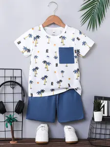 Boys' Summer New Round Neck Short Sleeve T-Shirt with Pockets, Coconut Tree Sun Print, Comfortable Casual for Kids