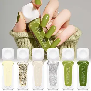 6 Bottles KUDAN Avocado Green & Golden Sequins Nail Polish Set - Forest Series, Peel Off, Quick Dry Set for Salon & Home Manicure, Ideal Gift for Women and Girls, Nail Products