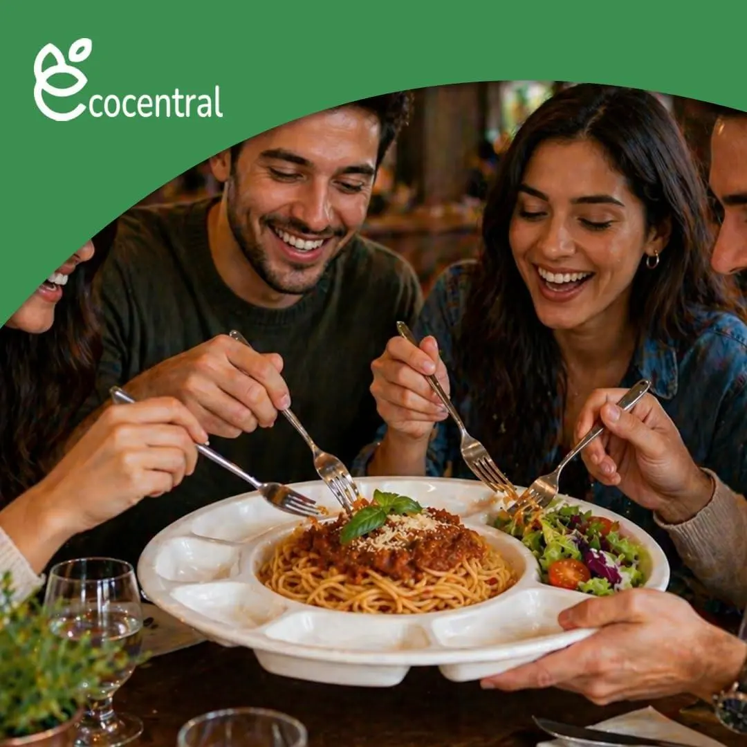 : EcoCentral Disposable Round Divided Plates, 9 Compartment, Bagasse, 12.5" Diameter, Heavy-Duty, Waterproof, for Party, Buffet, Thali