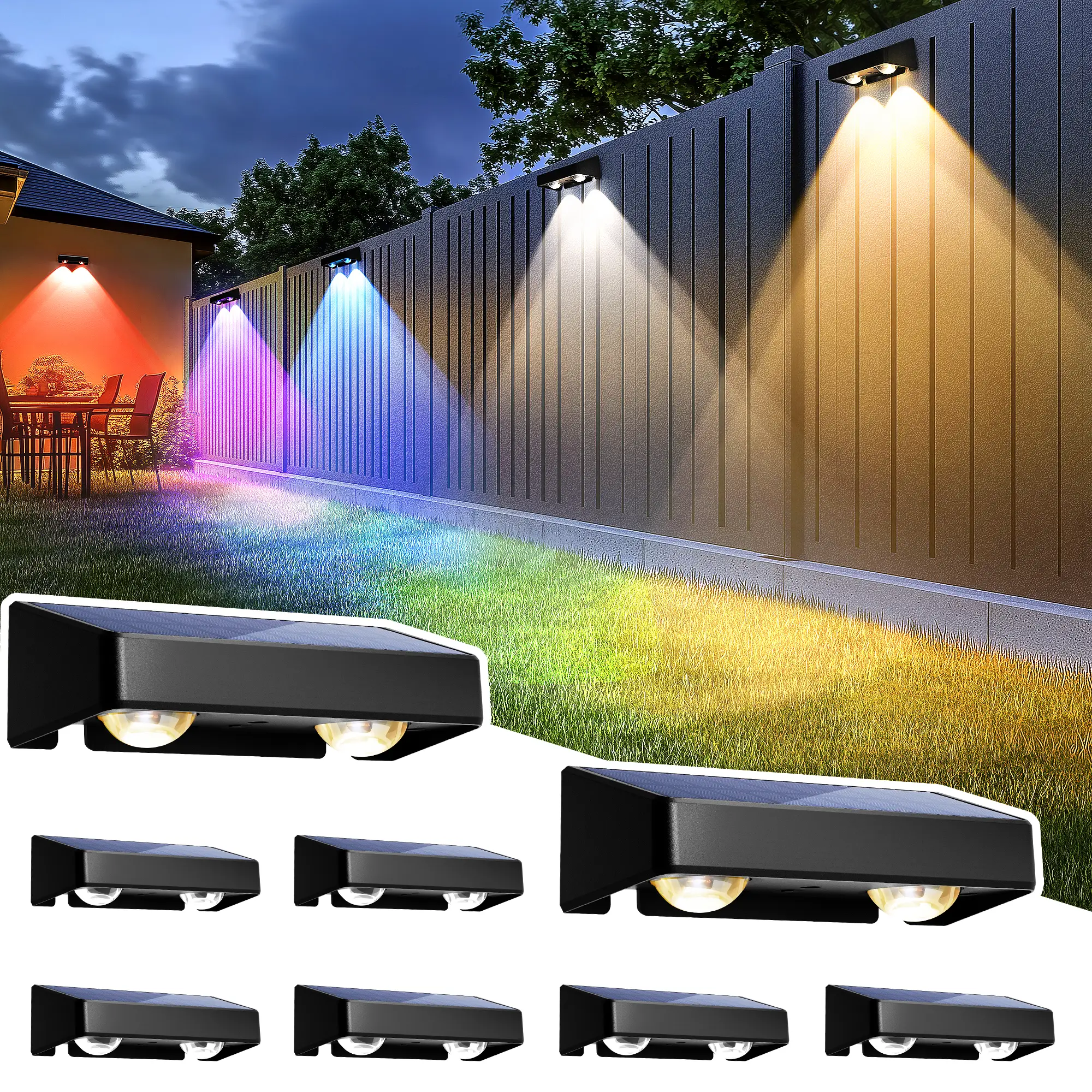 SOLPEX Solar Fence Lights Outdoor, 8 Fixed Colors ＆ Color Changing Fence Solar Lights Outdoor Waterproof IP65, LED Solar Deck Lighting for Backyard Wa