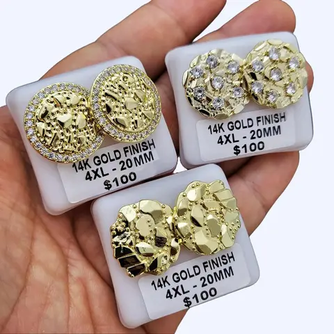 MaxBling81 High-End 20mm Brass Gold Nugget Earrings - 14K Gold-Plated CZ Studs, Unisex Costume Jewelry, High Polished Finish Daily Accessory for Women (Ideal for Anniversary, Birthday, Engagement)
