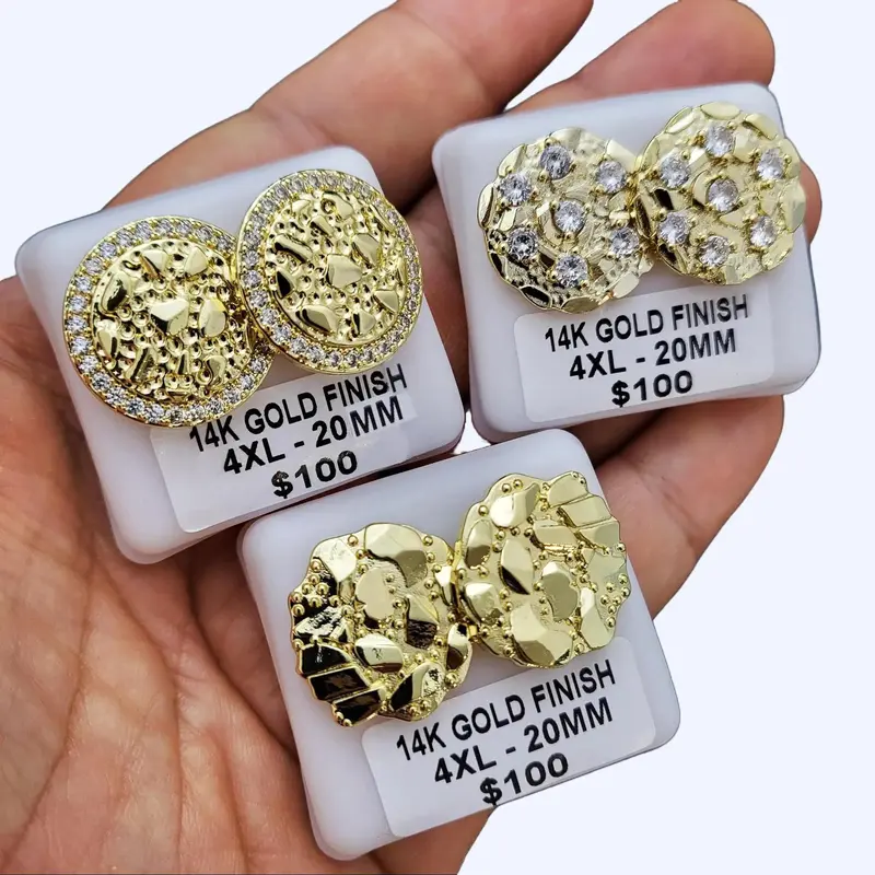 MaxBling81 High-End 20mm Brass Gold Nugget Earrings - 14K Gold-Plated CZ Studs, Unisex Costume Jewelry, High Polished Finish Daily Accessory for Women (Ideal for Anniversary, Birthday, Engagement)