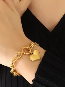 1Pcs New Fashion Stainless Steel Metal Heart Charm Bracelet For Women Trendy Gold Color Wrist Chain Jewelry Bangles Lady Gift