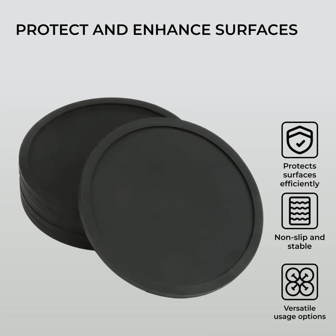 Non Slip Silicone Drink Coasters - Set of 6 - Large Black Cup Coaster Set for Outdoor & Indoor Drinks - Anti Stain & Heat Resistant - Cup Table Pads - Cup Place Mat - Drink Coasters Plain