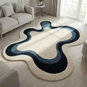 1 Piece of Artistic Wave Carpet Large Area Living Room Rug Creative Blue and White Color Bedroom Decoration Plush Fluffy Soft Bedside Rug Fashion Trend Lounge Carpet Fluffy Modern Rug Irregular Shape Cloakroom Study Office Non-slip Floor Mat