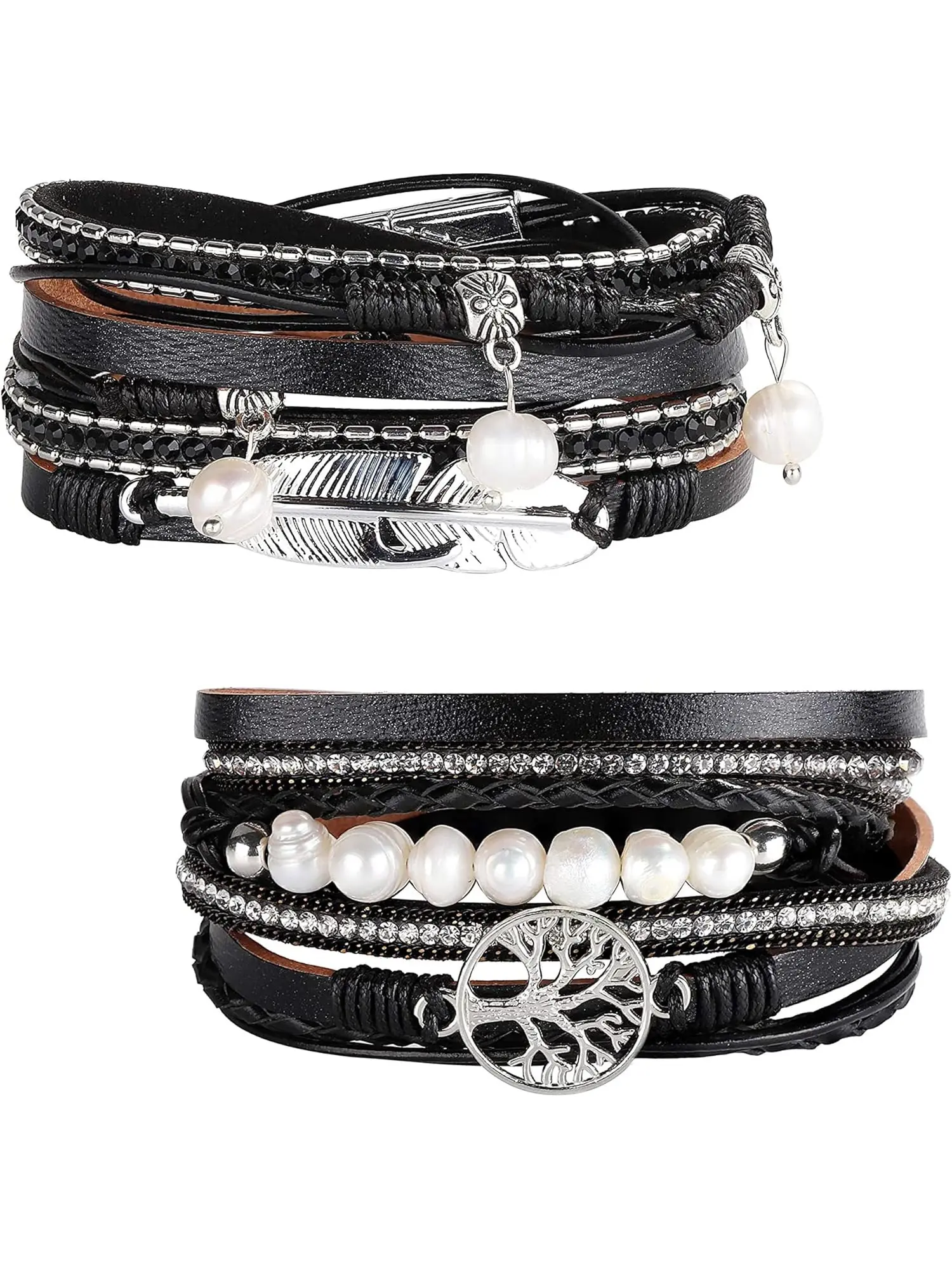 2Pcs Leather Cuff Bracelets for Women Boho Multilayer Tree of Life Wristband Wrap Cuff Bracelets Grey Brown Black Blue Magnetic Buckle Bangles Jewellery Gift for Mother Friends