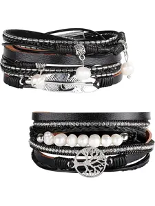2Pcs Leather Cuff Bracelets for Women Boho Multilayer Tree of Life Wristband Wrap Cuff Bracelets Grey Brown Black Blue Magnetic Buckle Bangles Jewellery Gift for Mother Friends