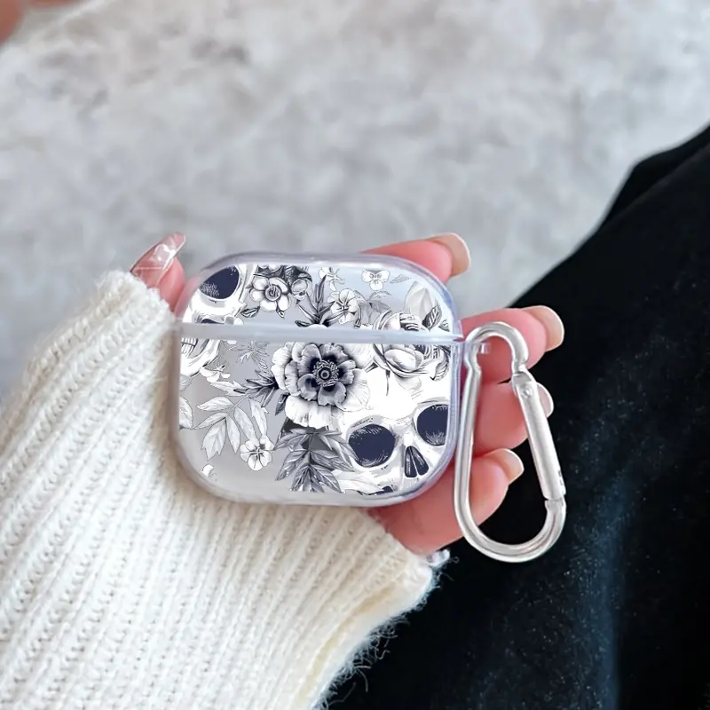 Skull and Flowers Pattern Protective Case for AirPods 4/3/2/1/Pro/Pro2 Soft TPU Earphone Cover, Transparent with Keychain