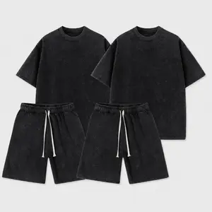2 Sets Vintage Washed Cotton Outfits Oversized T-Shirts & Drawstring Shorts Co-ords Unisex Streetwear Casual Matching Sets No Shrink No Fade All Occasion Summer Staples Menswear Clothes Grey Suits