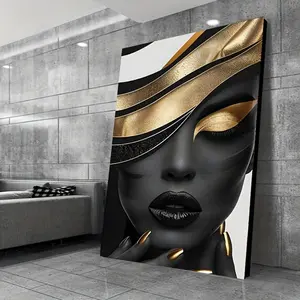 Large Frameless Canvas Art - Surreal Black & Golden Female Portrait, Modern Abstract Wall Decor for Living Room & Bedroom, Elegant Design Poster Decoration Ornaments Artistic Photo Print