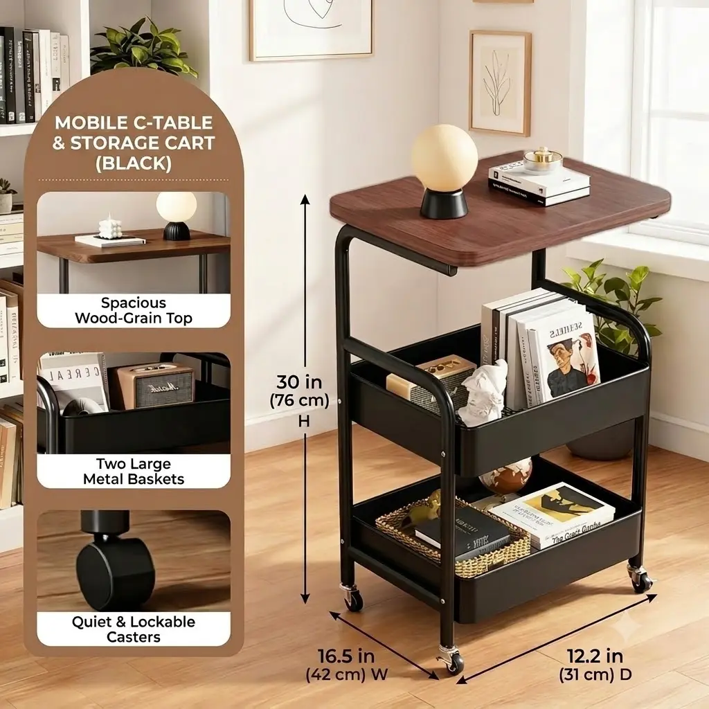 Multifunctional Compact Wood Grain C-Shaped Side Table, 3-Tier Shelves Mobile Rolling Storage Cart with Wood Top, End Table on Wheels for Sofa, Living Room, Bedroom