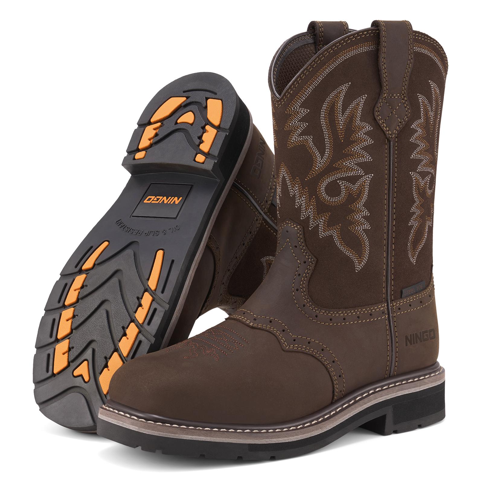 NINGO Mens Western Cowboy Steel Soft Toe Work Boots Pull On Waterproof Square Toe Leather Safety Shoes for Farming Ranch Construction Botas de Trabajo, Waterproof Work Shoes, Steel Toe Trainers