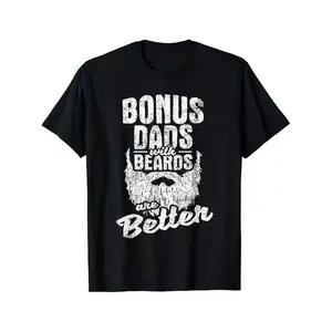 Men'S Funny Bearded for dad T-Shirt - "Bonus for dads with Beards Are Better" Distressed Graphic Tee - Heavyweight 100% Relaxed Fit Crew Neck Shirt - Stepdad, Uncle & Beard Lover Gift - Father'S Day Present - Machine Washable Black Casual Top with B