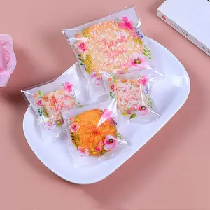 100 count Transparent Self-sealing Cellophane Bags, Flower Printing, Sliced Bread & Donut Packaging, 5.5x5.5 inches