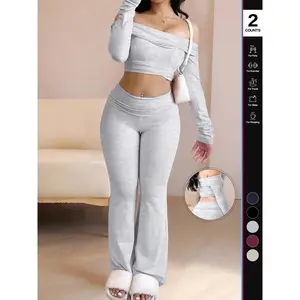 2026 Women'S Two-Piece Set, Off-The-Shoulder Long Sleeve Crop Top & Pants, Solid Color, Casual Loose-Fitting, All Seasons, Stylish Women'S Clothing