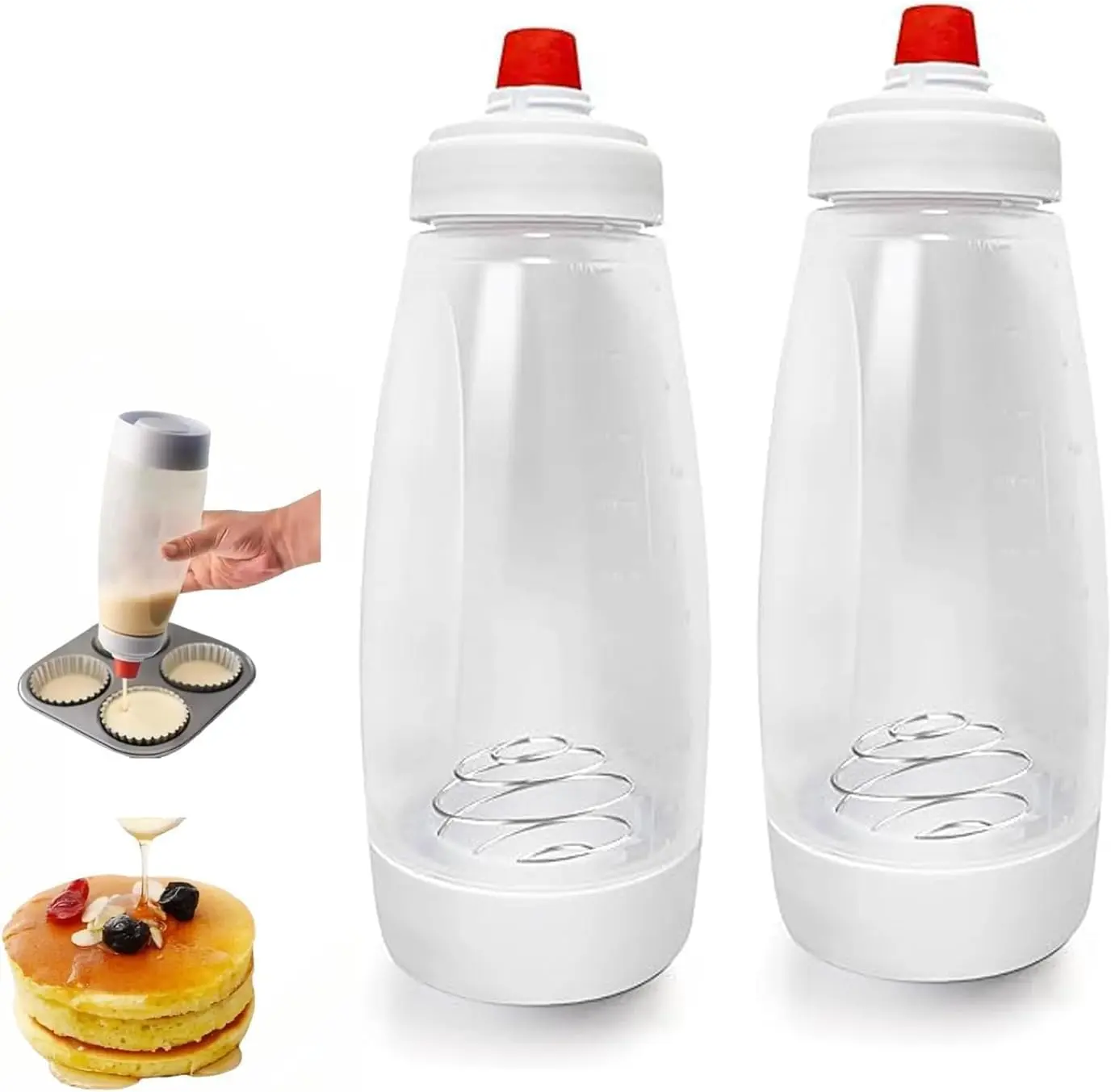 2-Pack Reusable Kitchen Batter Mixer & Dispenser Set with Whisk Ball, 33oz Detachable Silicone Squeeze Bottle, Stand Base & Leak-Proof Sealing Ring for Pancakes, Waffles, Cupcakes, Utensils
