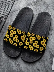 Sunflower Print Home Slippers, Anti-Slip PVC Indoor Outdoor Shoes, Unisex Comfortable House Sandals, Casual Wear for Men and Women