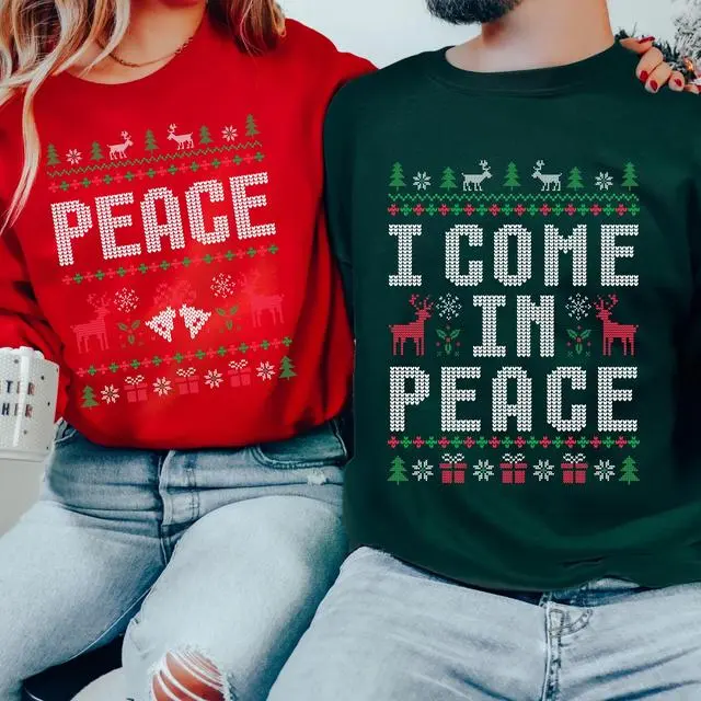 Christmas Couple Couples Ugly Sweater, Come in Peace Matching Christmas Sweatshirt, Hoodie, Holiday Gift for His and Her