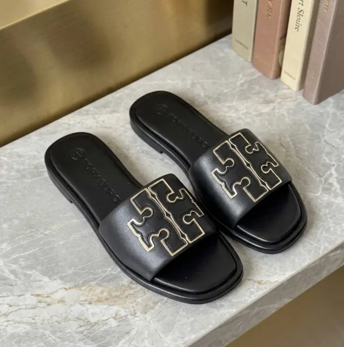 Tory Burch Women's Open Toe Flat Sandals – Black Slip-On Slides for Casual Daily Wear