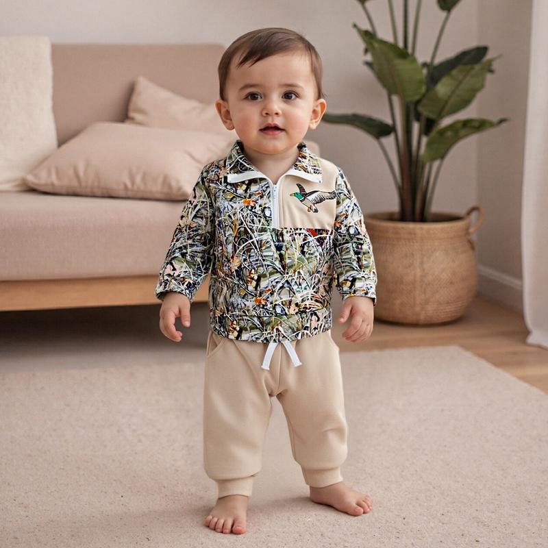 Babamoon Toddler Baby Boy Fall Hunting Outfits Half Zip Long Sleeve Animal Mallard Duck Print Pullover Tops Camouflage Pants 2Pcs Wild Clothes Set